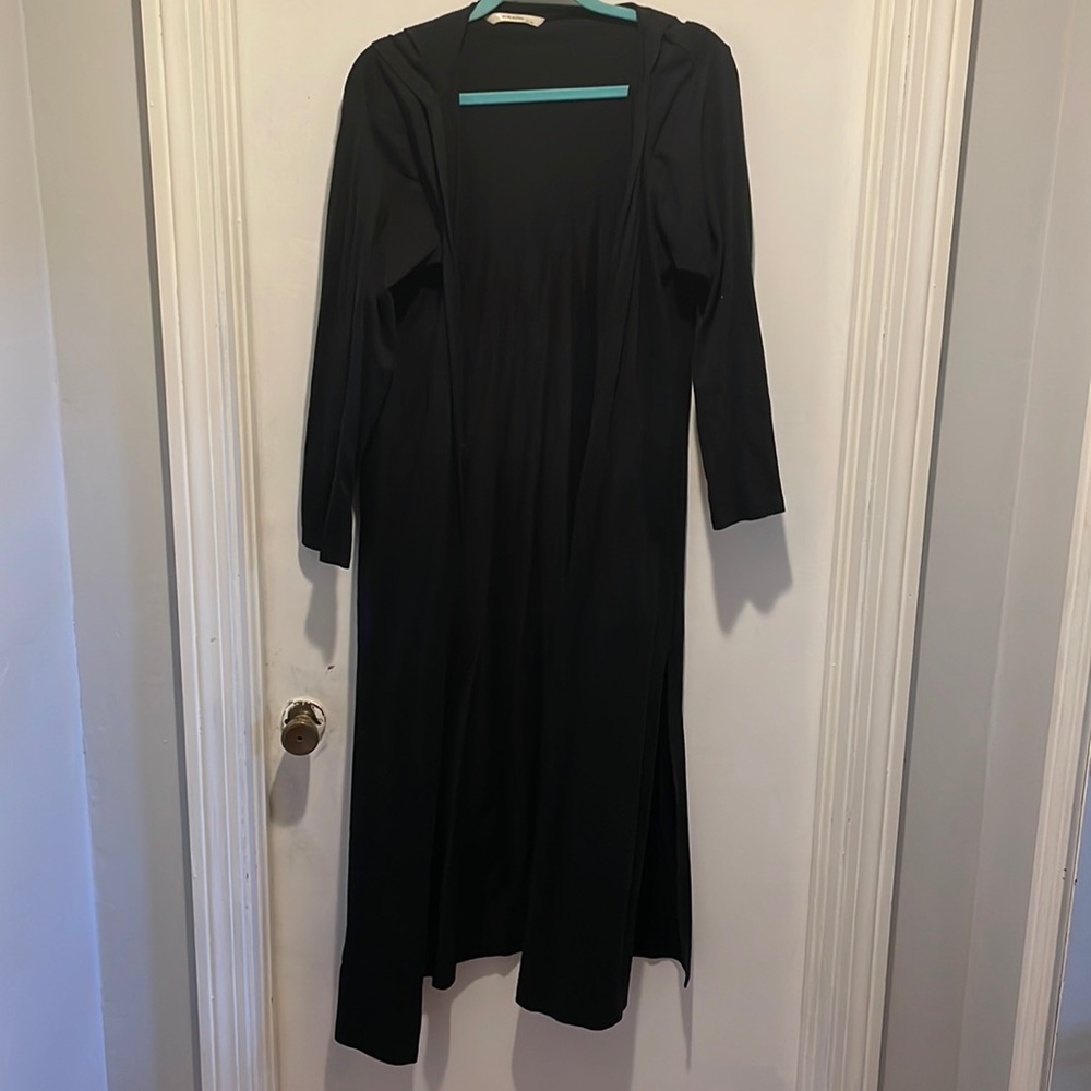 Long black hooded jacket